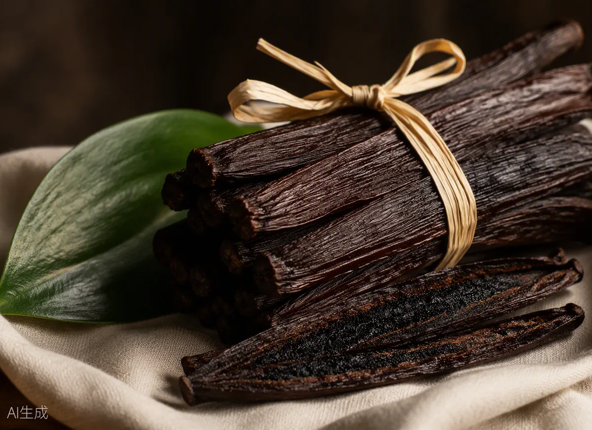 Large, fleshy and lustrous Madagascar Pompona vanilla pods with mahogany highlights