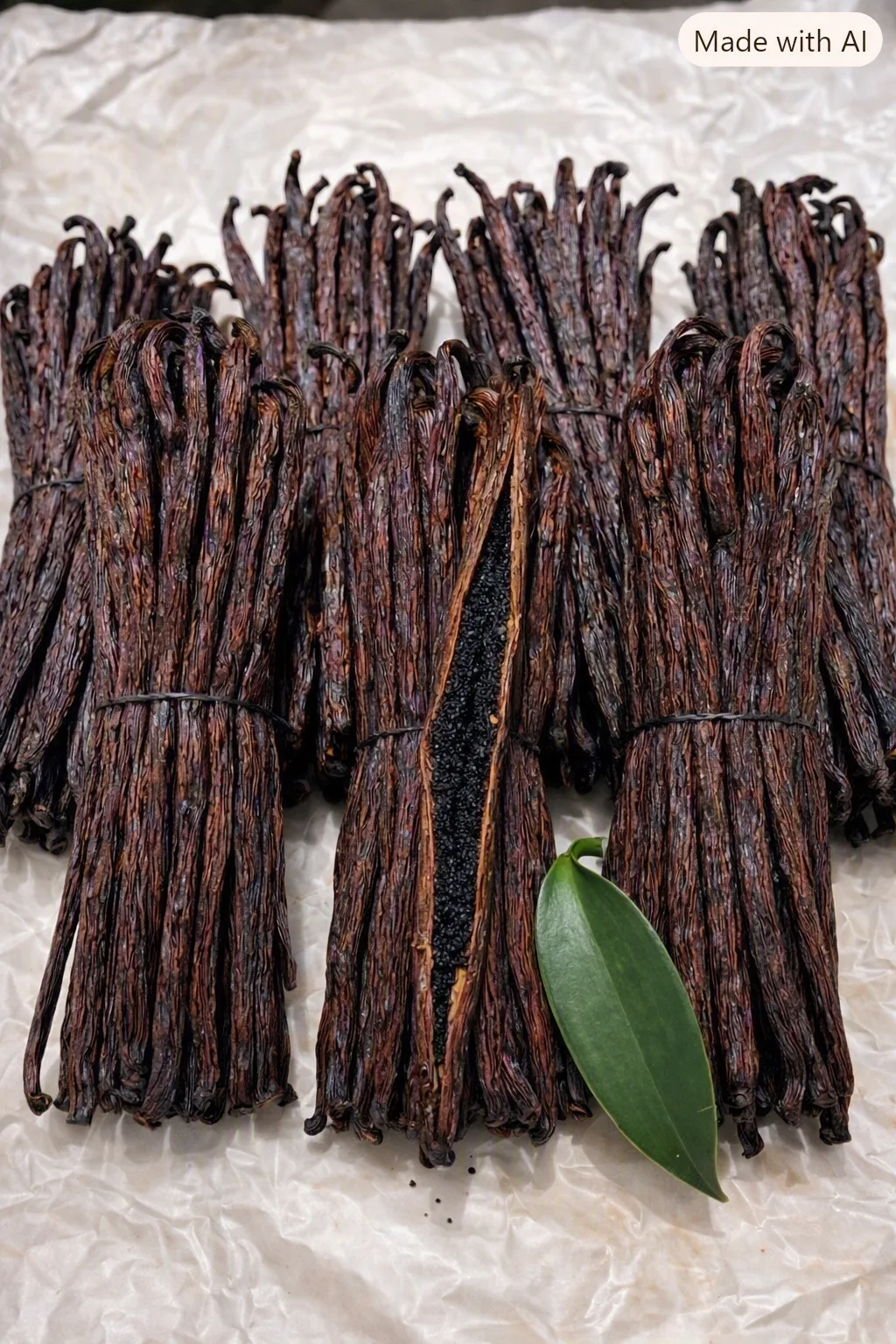 Red Europe vanilla pods on natural linen, ready for artisanal maceration